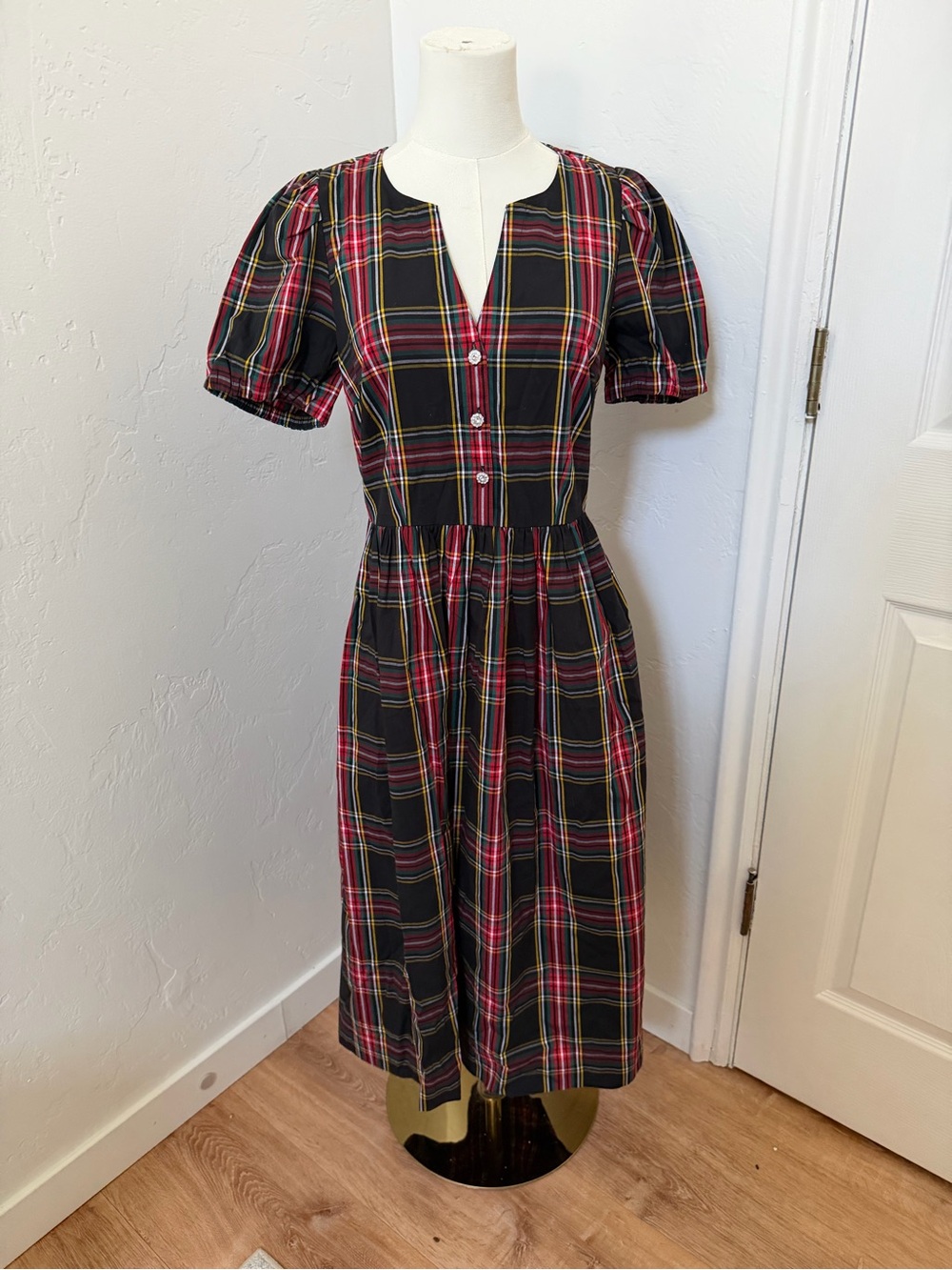 NWTs J. Crew Black Tartan Plaid Button-Front Midi Dress